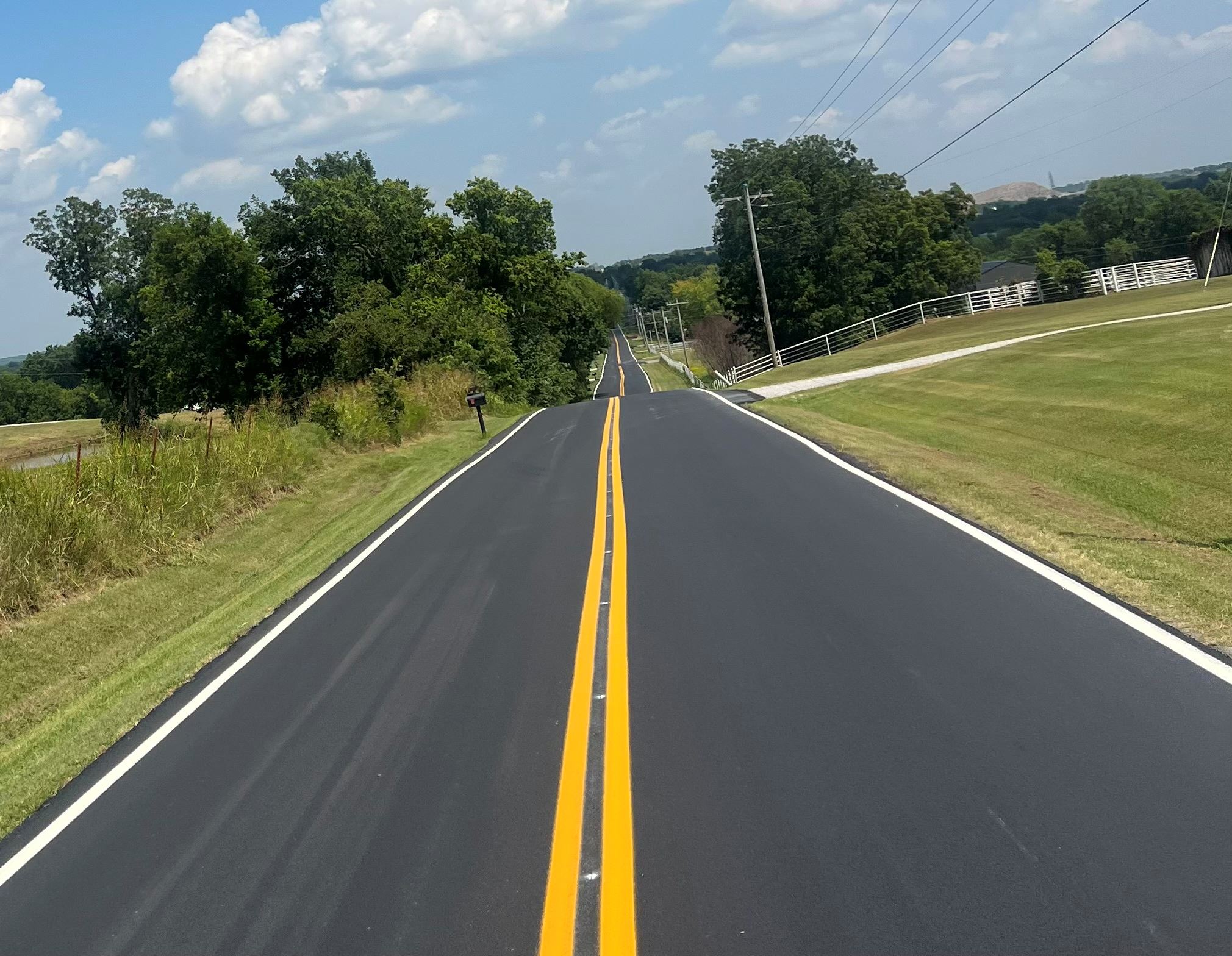Black pavement with yellow lines and green trees and shrubs